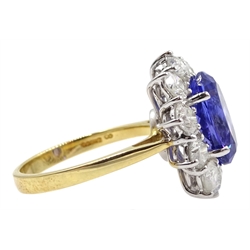 18ct gold oval tanzanite and diamond cluster ring, hallmarked, tanzanite approxx 4.10 carat, diamond total weight approx 2.20 carat