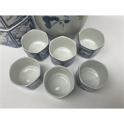 Chinese vase, decorated with vines and grapes and signed beneath, together with Chinese tea set of hexagonal form, comprising teapot and stand and six cups, vase H30cm