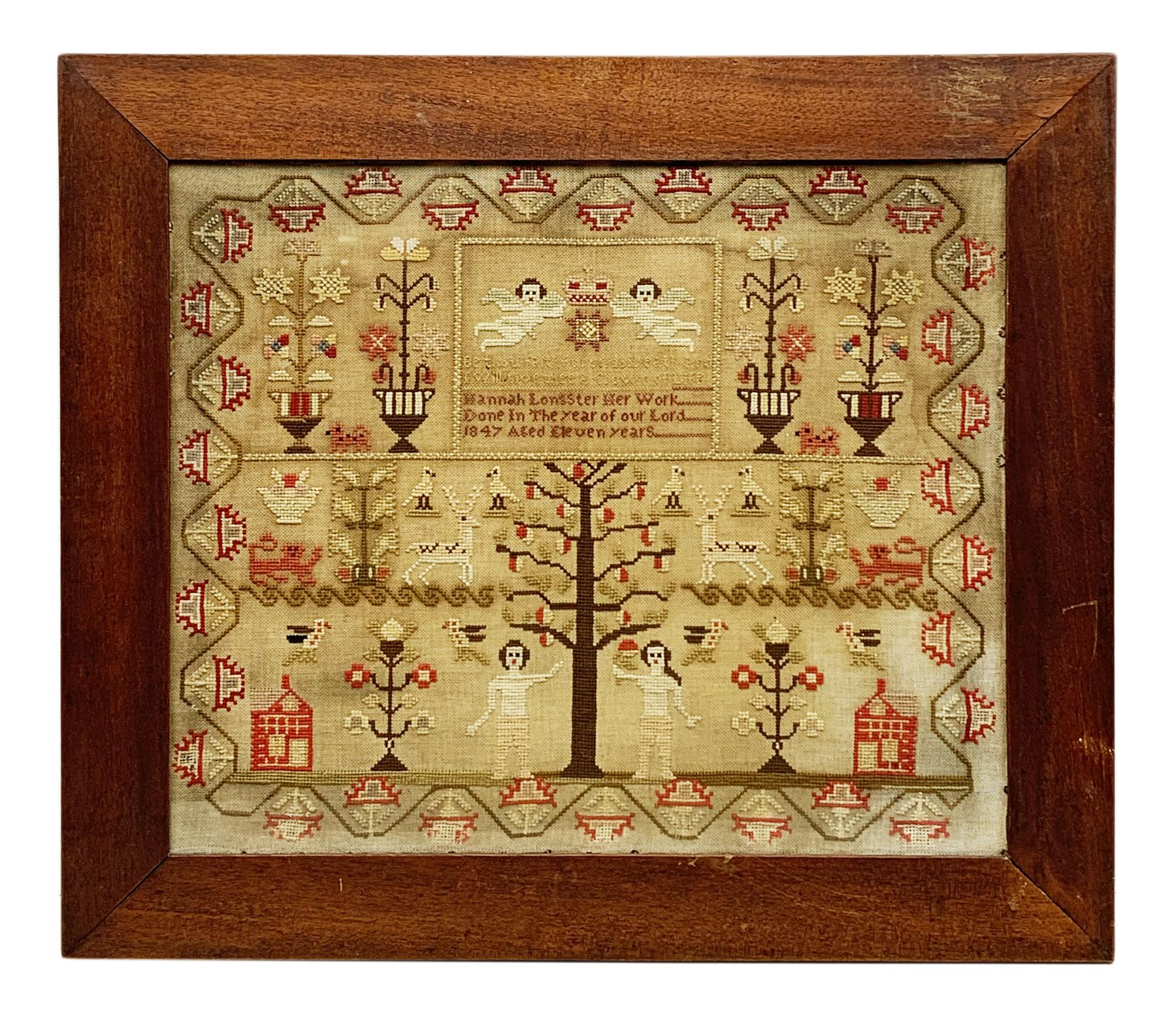 Victorian sampler, by Hannah Longster, Aged 11 years, dated 1847, worked with the Tree of Life, Adam and Eve, and various motifs including urns of flowers, lions, deer, and cherubs, within a stylised foliate border, in mahogany frame,  H49cm L56cm