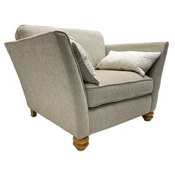 Oak Furnitureland - three-piece lounge suite upholstered in grey fabric, large three-seat sofa (W238cm, D106cm), two-seat sofa (W209cm), and snuggler sofa (W129cm)