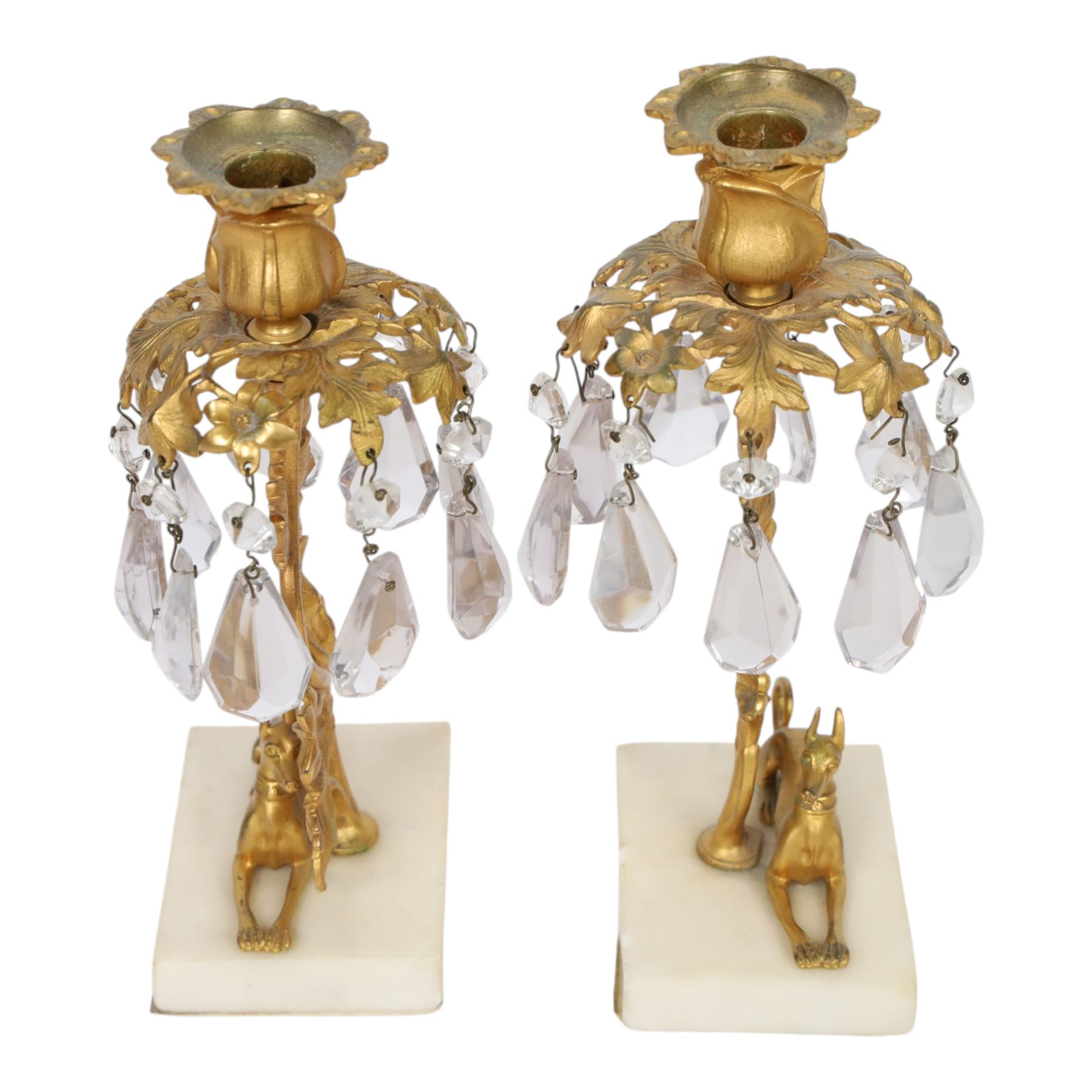 Pair 19th century gilt candle lustres, with recumbent grey hounds, below a leaf stem with flower bud sconce, H25cm