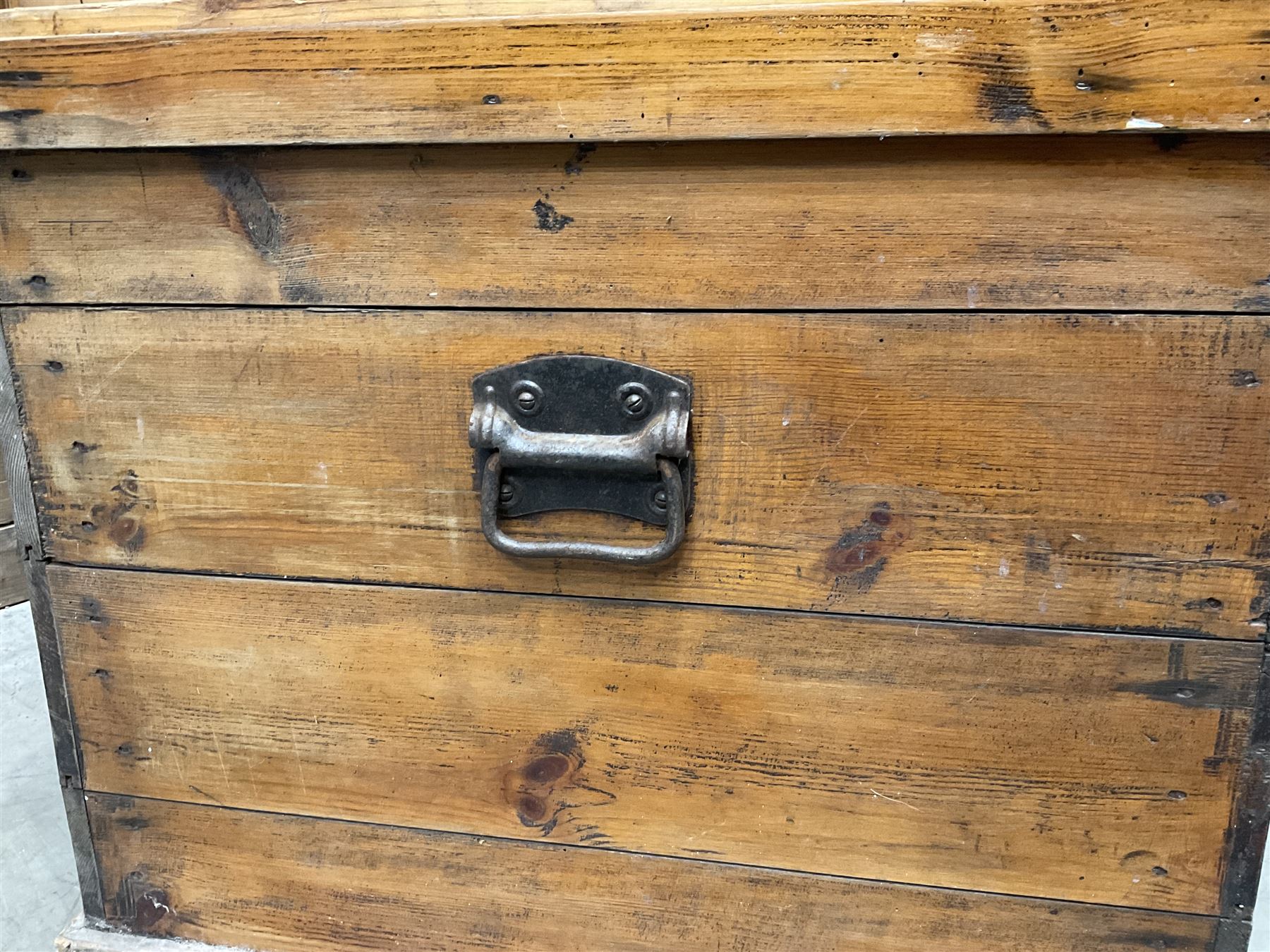 Victorian pine blanket box, hinged top, iron carrying handles