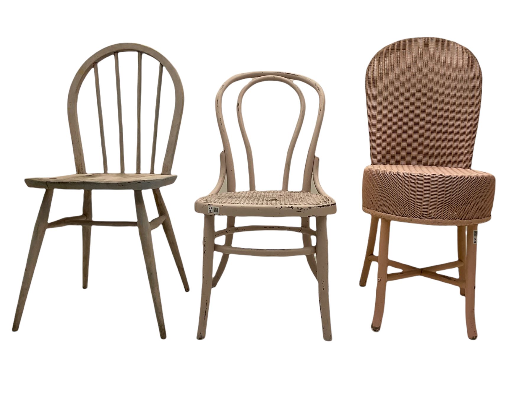 Lloyd Loom style furniture - wicker dressing table with raised mirror, cylinder linen bin, bedroom chair, bentwood chair with cane seat and a hoop and stick back chair (5)