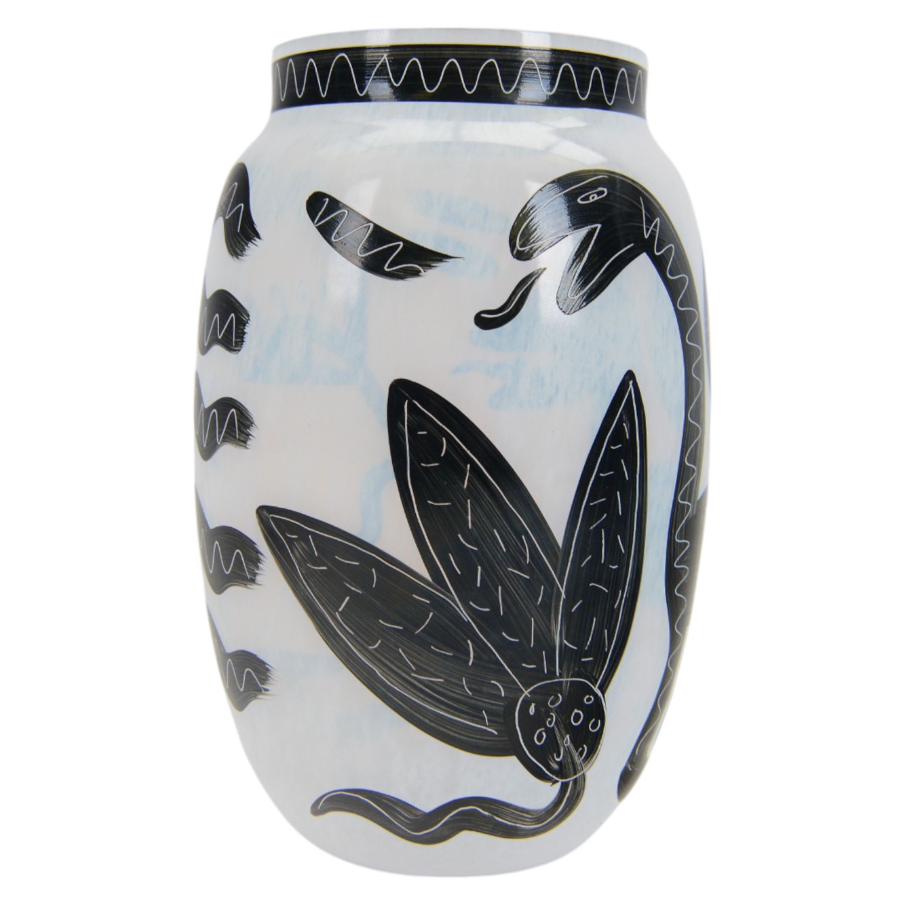 Kosta Boda Open Minds glass footed bowl, the clear glass bowl painted with female facial features, together with a Kosta Boda Caramba vase, of baluster form painted in black with a head in profile and a two headed beast on a white ground, both designed by Ulrica Hydman-Vallien, tallest H19.5cm