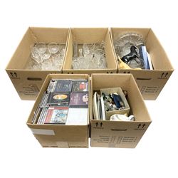 Royal Worcester Gold Chantilly pattern dish, Royal Doulton Naples pattern teapot, Beswick dogs (a/f), other ceramics and glassware to include Royal Doulton etc, die-cast to include Corgi etc, together with a quantity of cds, in five boxes