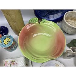 Carlton Ware bowl in the form of an apple, together with a pair of ceramic wall baskets, West Germany vase, and other collectables, in two boxes 