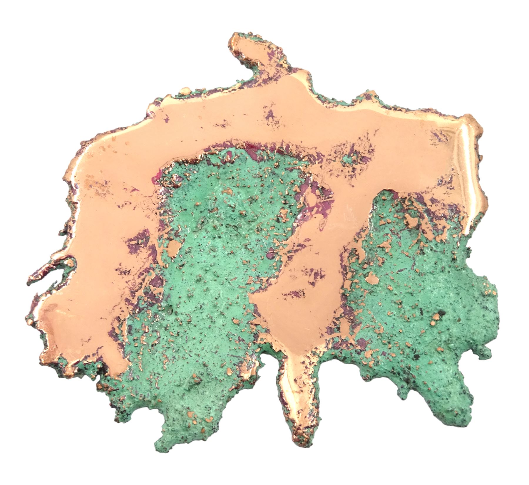 Large free form copper splash, with green patina and polished copper accents, H17cm, L17cm