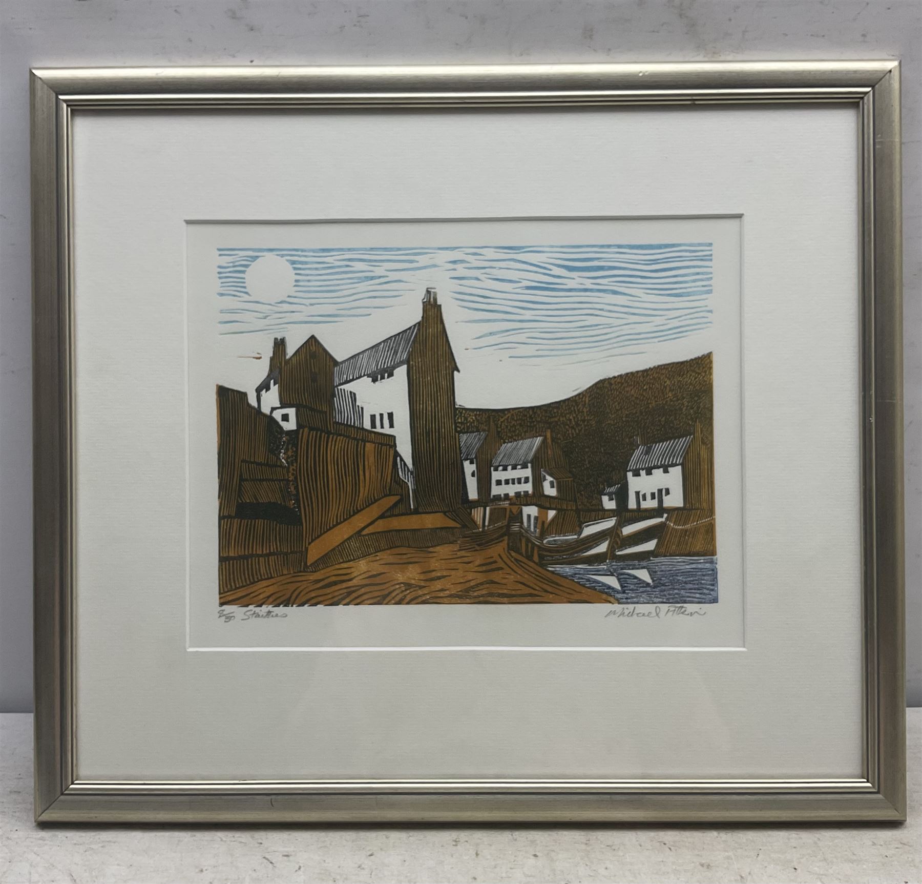 Michael Atkin (Scarborough 1952-): 'Staithes', linocut signed titled and number 8/20, 20cm x 28cm  