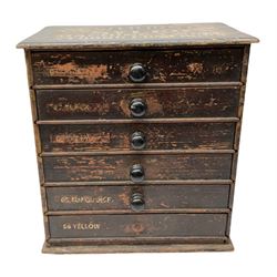 Early 20th Century Dewhurst table top chest, decorated with gilded 'Dewhurst's Sylko Machine Twist Strong Lustrous' lettering above six long drawers with names and numbers of cotton also detailed in gilt, H39cm