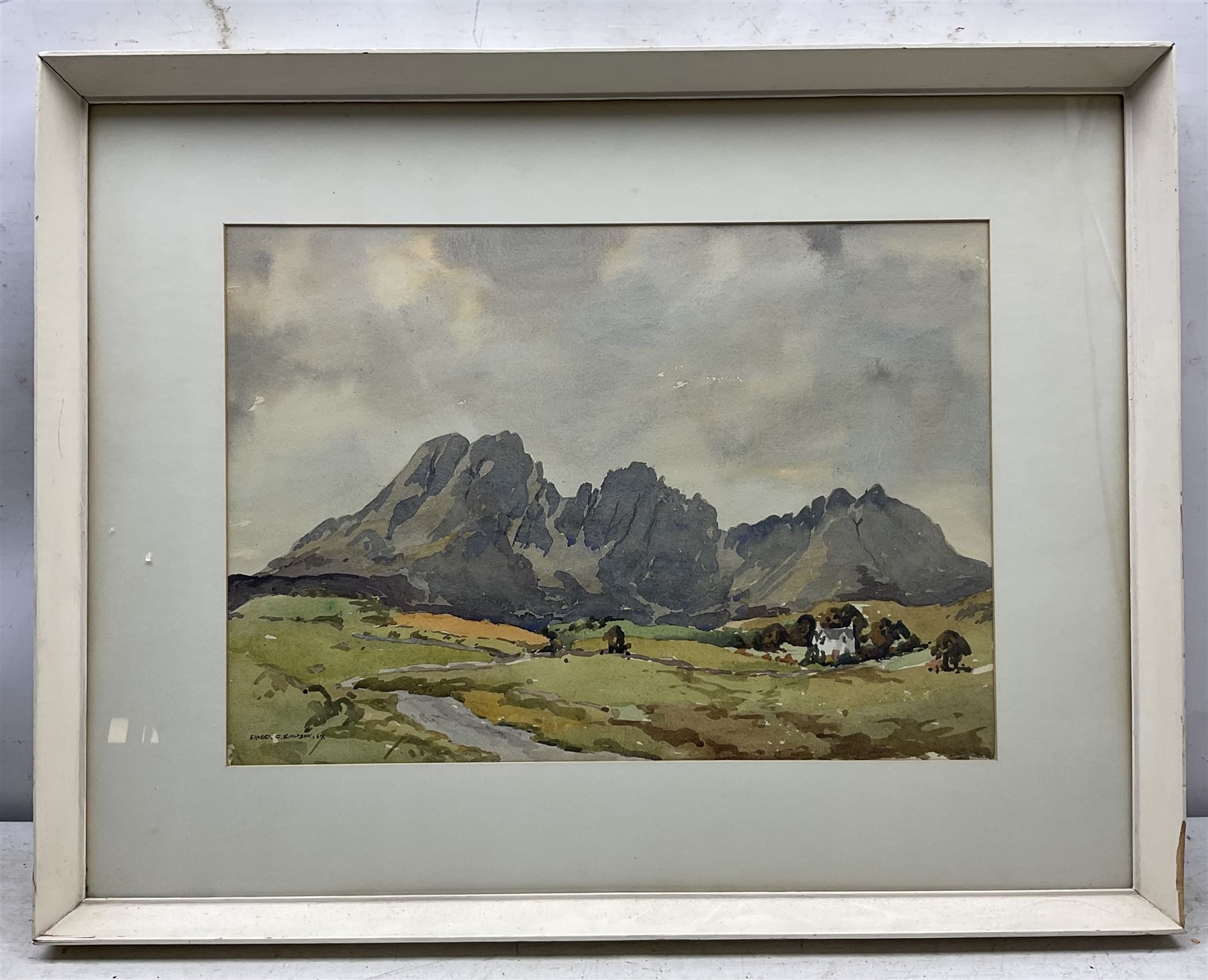 Ernest Charles Simpson (British 1915-2007): 'Blaven from the Elgol Road' Scotland, watercolour signed and dated '67, titled on original label verso 36cm x 52cm Notes: Simpson was a founding member of the Yorkshire Watercolour Society. 