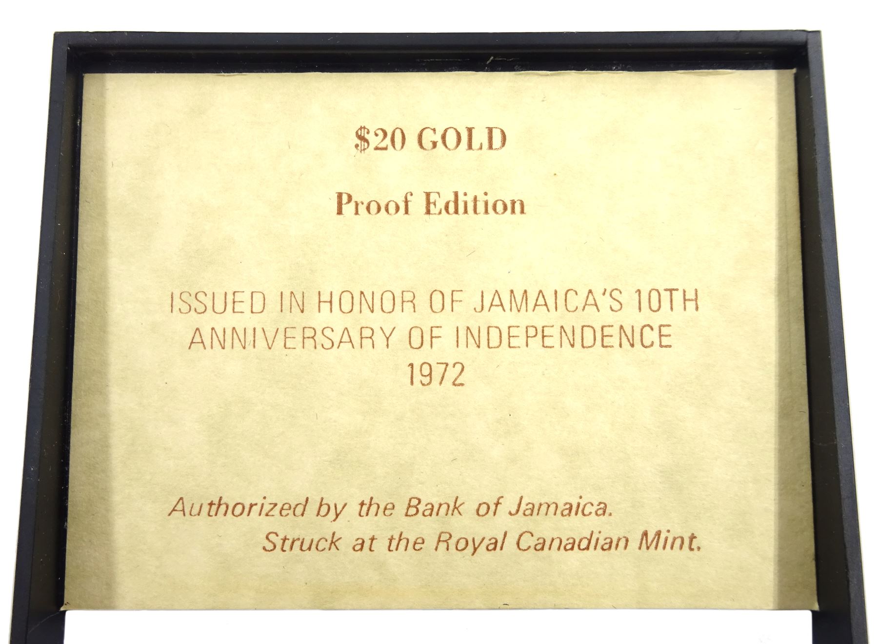 Jamaica 1972 gold proof twenty dollars coin, commemorating the tenth Anniversary of Independence 1962-1972, in plastic display