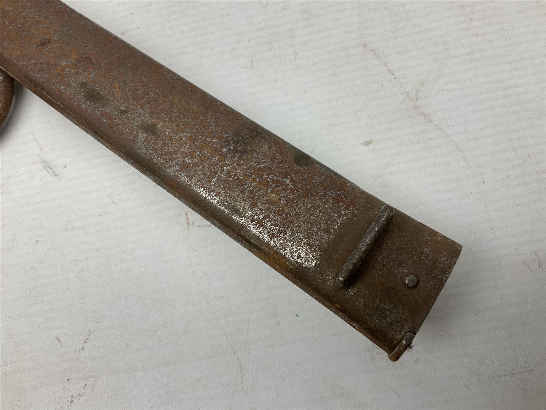 French model 1866 sabre bayonet, the 57.5cm curving blade marked St. Etienne 1873; in associated steel scabbard L71cm; and Mosin-Nagant M1891 socket bayonet with 43cm cruciform blade No.37068 (no scabbard) (2)