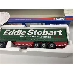 Corgi Eddie Stobart - three limited edition lorries; two Hauliers of Renown - CC13415 MAN TGA XXL Curtainside and CC14002 Volvo FH Curtainside; and  CC12607 Scammell Crusader Tautliner; all boxed (3)