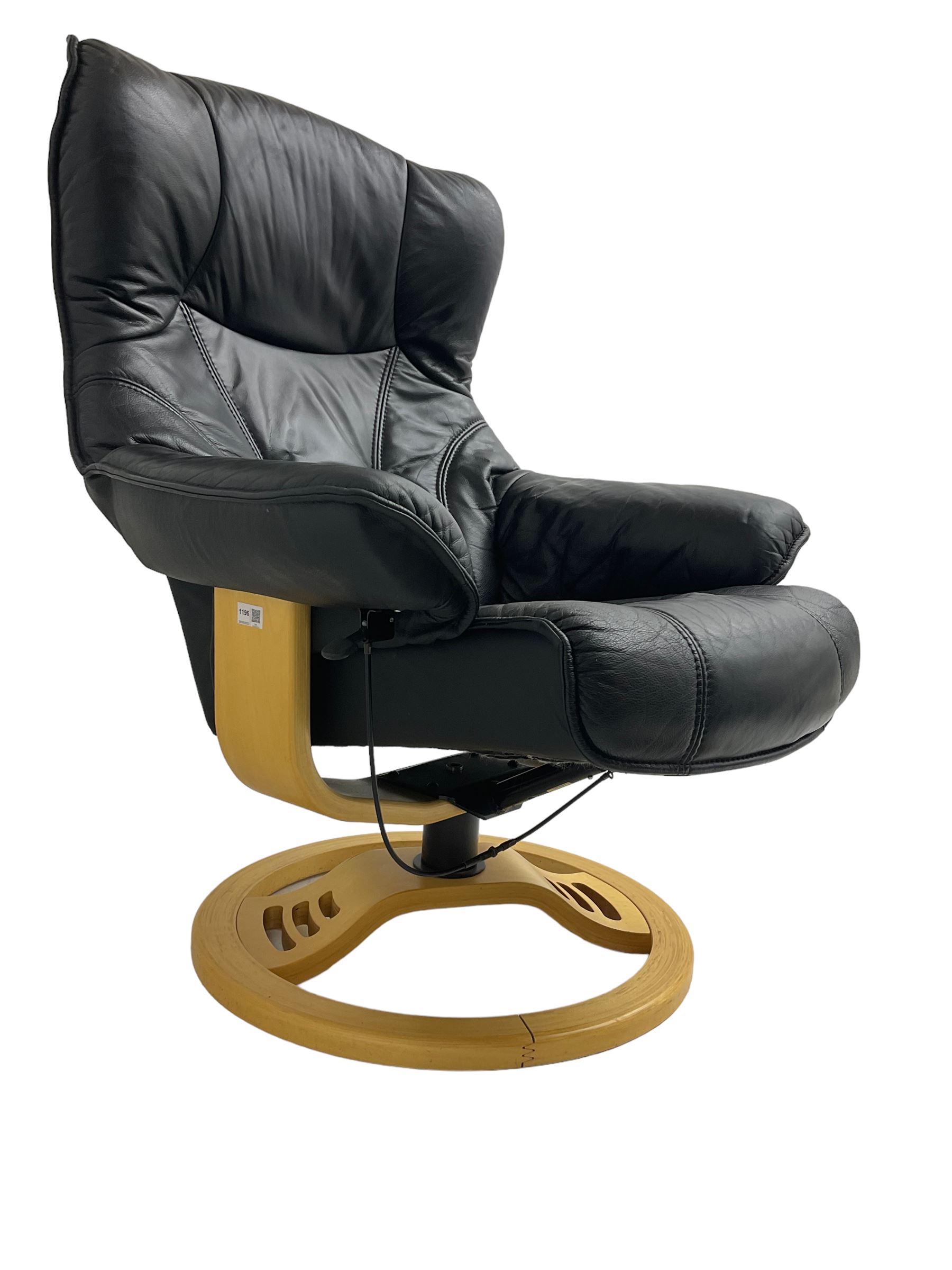 Anderssons of Sweden - mid-20th century design swivel armchair, upholstered black leather, raised on beech U-frame supports with circular base, together with matching footstool 