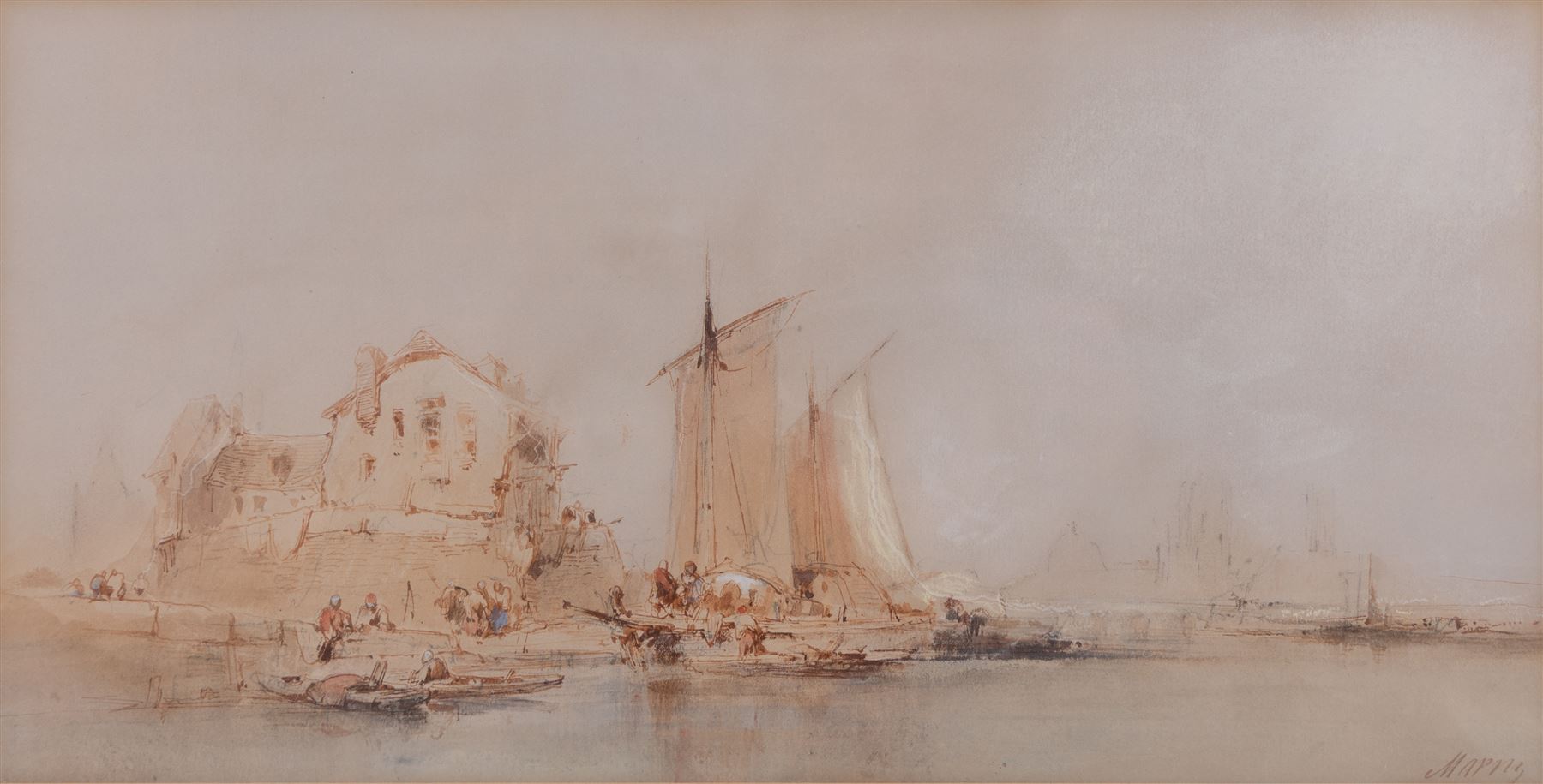 Paul Marny (French/British 1829-1914): Continental Port Scenes, two watercolours signed, max 19cm x 37cm (2)