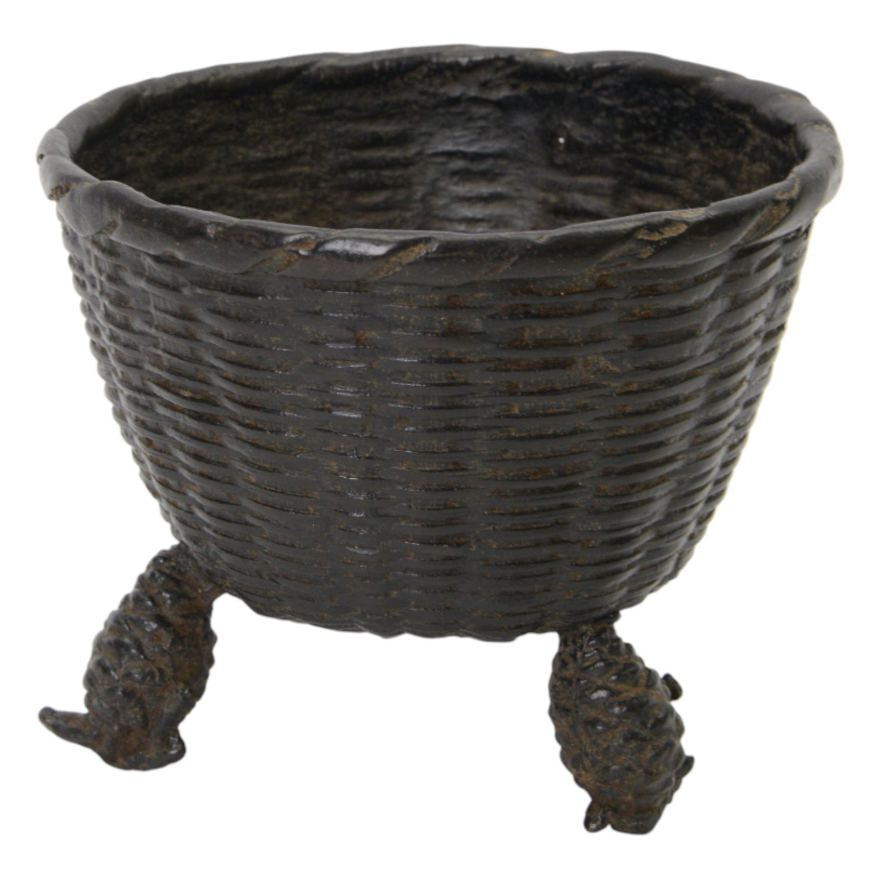 Japanese bronze censer shaped as a basket upon three legs modelled as fern cones, H12cm 