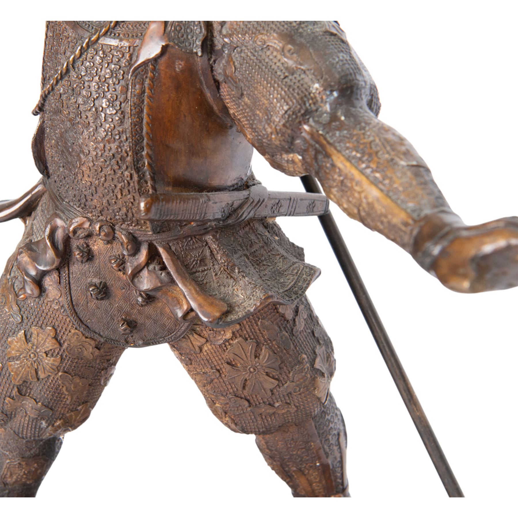 Japanese bronze of a Samurai, possibly Meiji period, standing holding spear, on a wave form base, H72cm