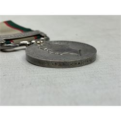 George VI India General Service Medal with North West Frontier 1936-37 clasp awarded to Bearer Khan Akbar 2-Border R.; with ribbon