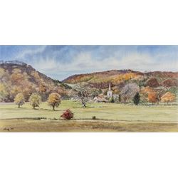 George 'Griff' Griffiths (British 1939-2017): 'Hackness Church from Hackness Park' 'Hackness Hall Lake Towards Langdale End' and 'Hackness Hall', triptych of watercolours signed Griff and dated '94, max 26.5cm x 54cm (3)