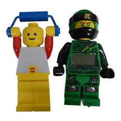 Collection of Lego minifigure alarm clocks and torches, including Batman, Superman, Storm Trooper, etc