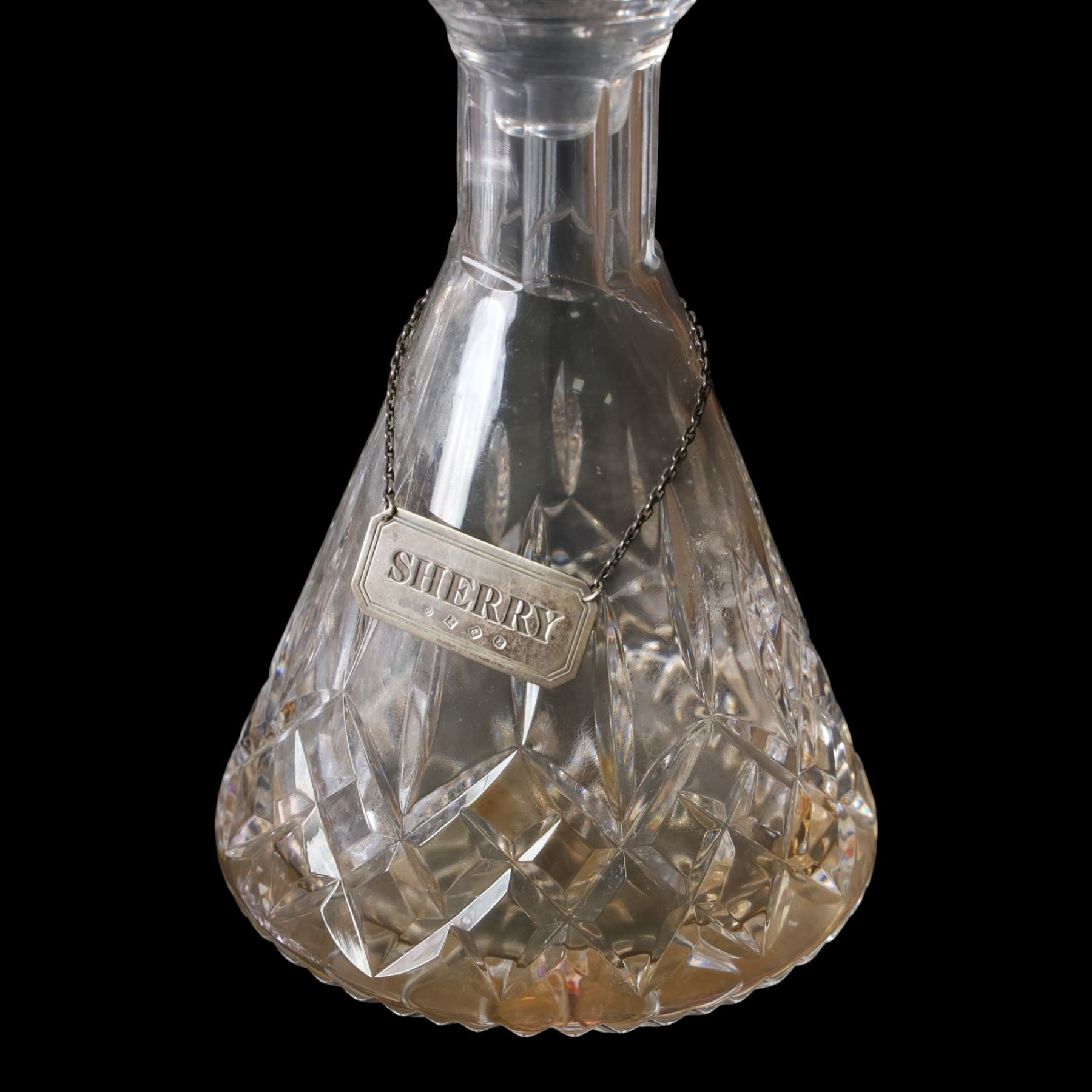 Four glass decanters with three silver labels for gin sherry and whisky, hallmarked Birmingham 1984, together with two Stuart Crystal vases and set of four Galloway glasses