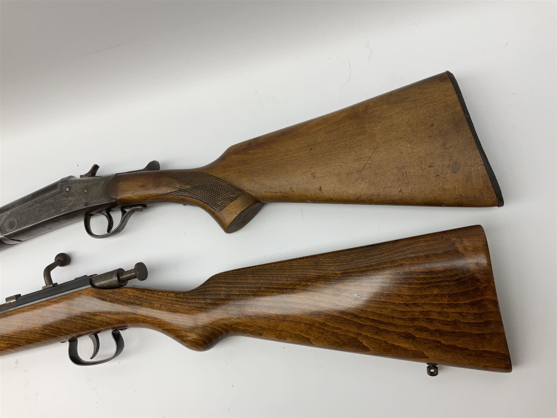 Webley & Scott .410 bolt action single barrel shotgun, no visible number L115cm overall; and Spanish .410 single barrel shotgun with 74.5cm barrel, serial no.54664 L117cm overall (2) SHOTGUN CERTIFICATE REQUIRED