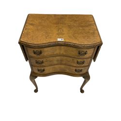 20th century burr walnut chest, drop leaf serpentine top over three drawers, on cabriole supports