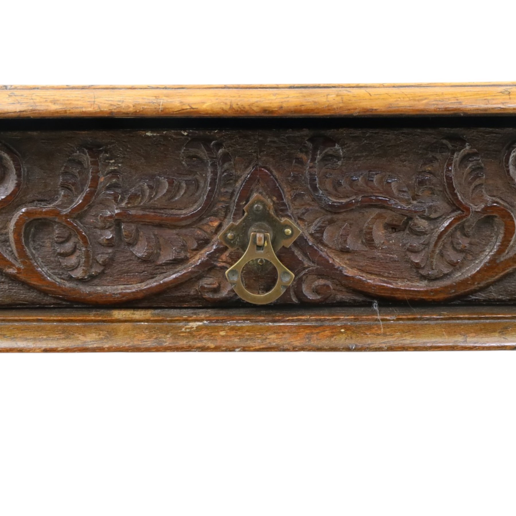 18th century oak lowboy, rectangular top with moulded edge, fitted with single frieze drawer carved with scrolling fruiting vines and stylised plant motifs, raised on bobbin-turned supports united by box stretcher 