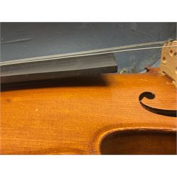 20th century French violin with 36cm one-piece maple back and ribs and spruce top L59cm overall; in mahogany stained wooden carrying case
