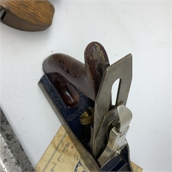 Woodworking tools - Stanley No.98 steel side rabbet plane L11cm; J. Dobie 205 beech compass plane; post-war boxed Stanley No.3 plane; and W. Marples & Son 1.5