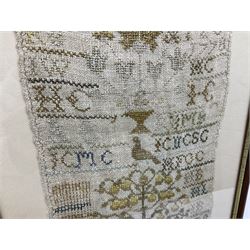 Framed 18th century sampler embroidered with alphabet and verse, with various scenes including Adam & Eve beneath tree, various animals, birds and insects, H60cm, W28cm