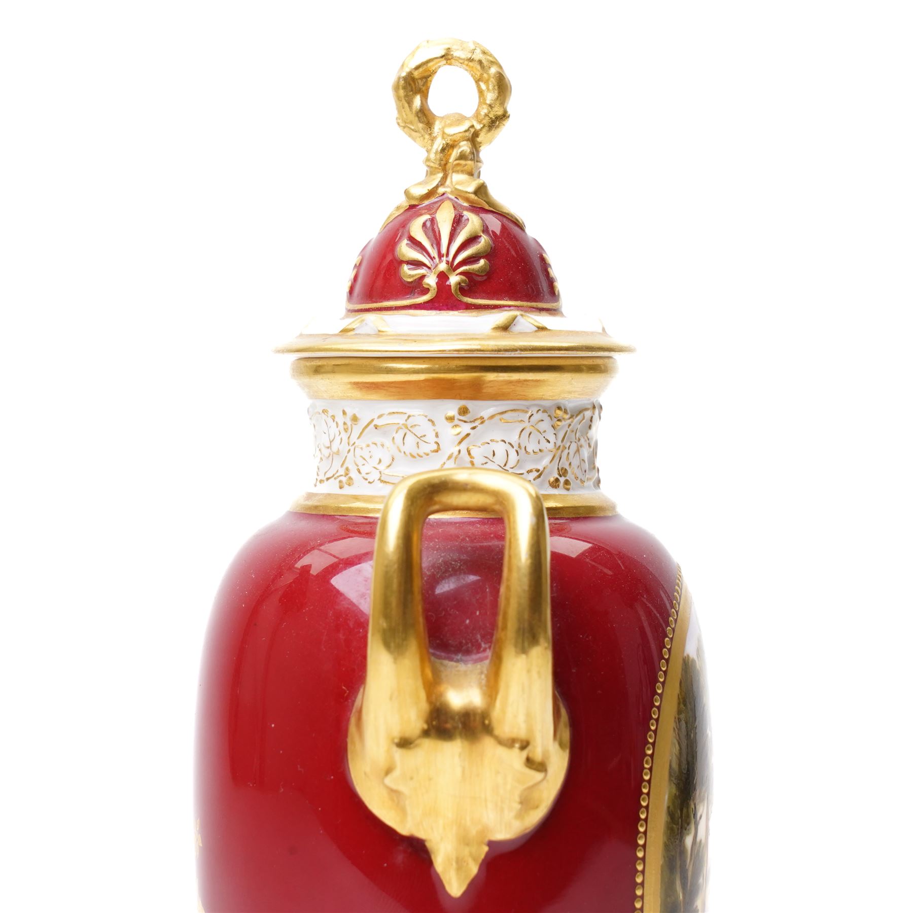 Early 20th century Royal Worcester vase and cover by Harry Davis, painted with a distant view of a castle and a couple resting on a red ground, heightened profusely with gilt, shape number 2422, printed marks in green to base, H25cm