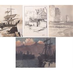 Harry Wanless (British c1872-1934): 'Scarborough' Harbour by Moonlight, watercolour signed with ESK (Kensington School) blind stamp, titled and dated 1895 verso 16cm x 21cm; Charles Edward Wanless (circa 1875-1938), 'Tweddill's Yard Sandside' Scarborough, pen and ink signed with initials and titled 27cm x 21cm and two original photographs by the artist (unframed) (4)
Provenance: private collection purchased 'Wanless Family Studio Sale' David Duggleby 15th June 2009 Lots 16 & 29
