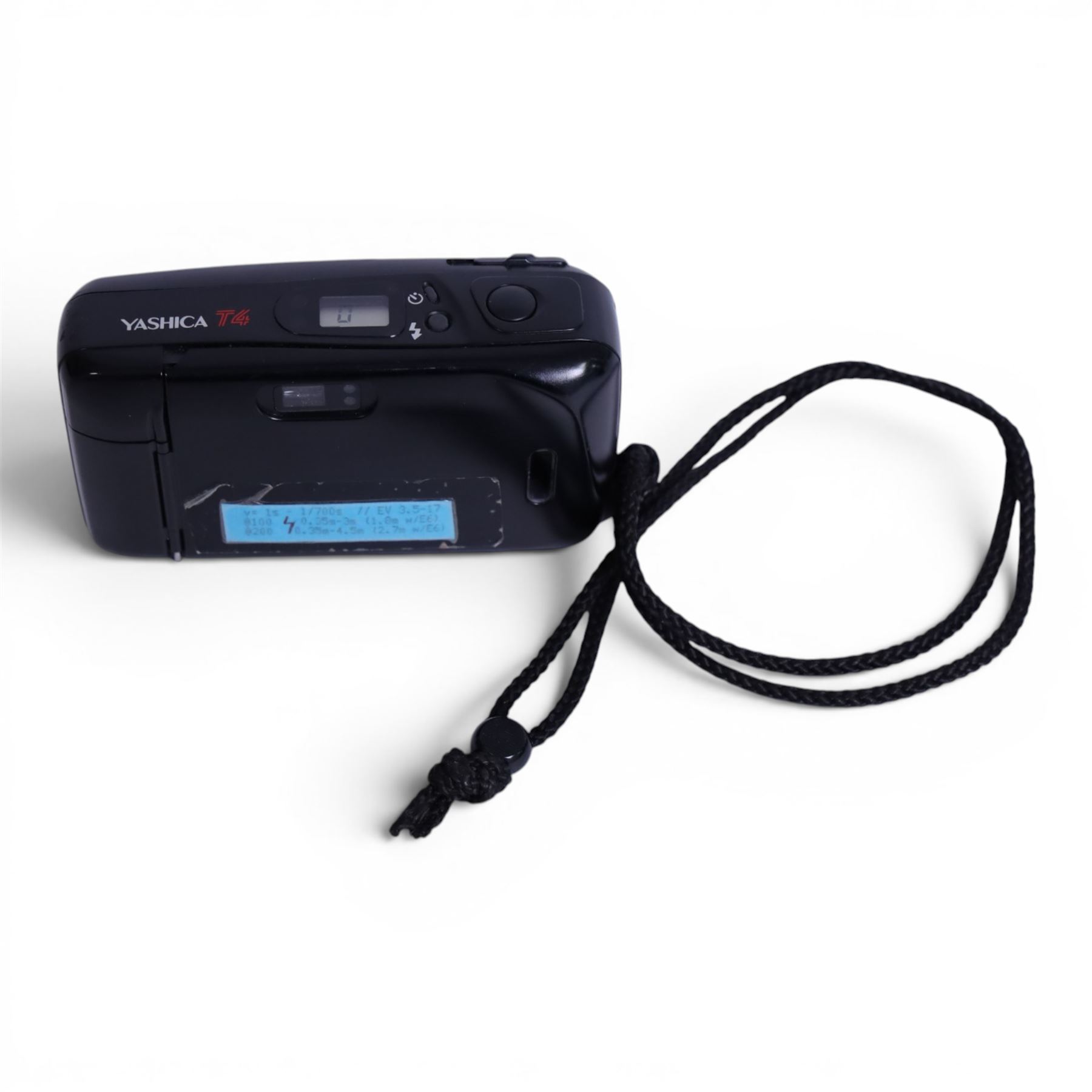 Yashica T4 35mm compact camera, serial no. 120026, with a Carl Zeiss T* 35mm f3.5 Tessar lens and wrist strap