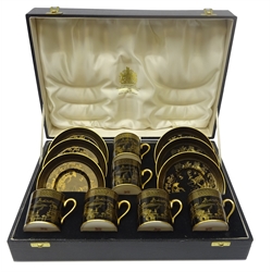  Cased set of Spode coffee cans and saucers, decorated with gilt Chinoiserie design on black ground    