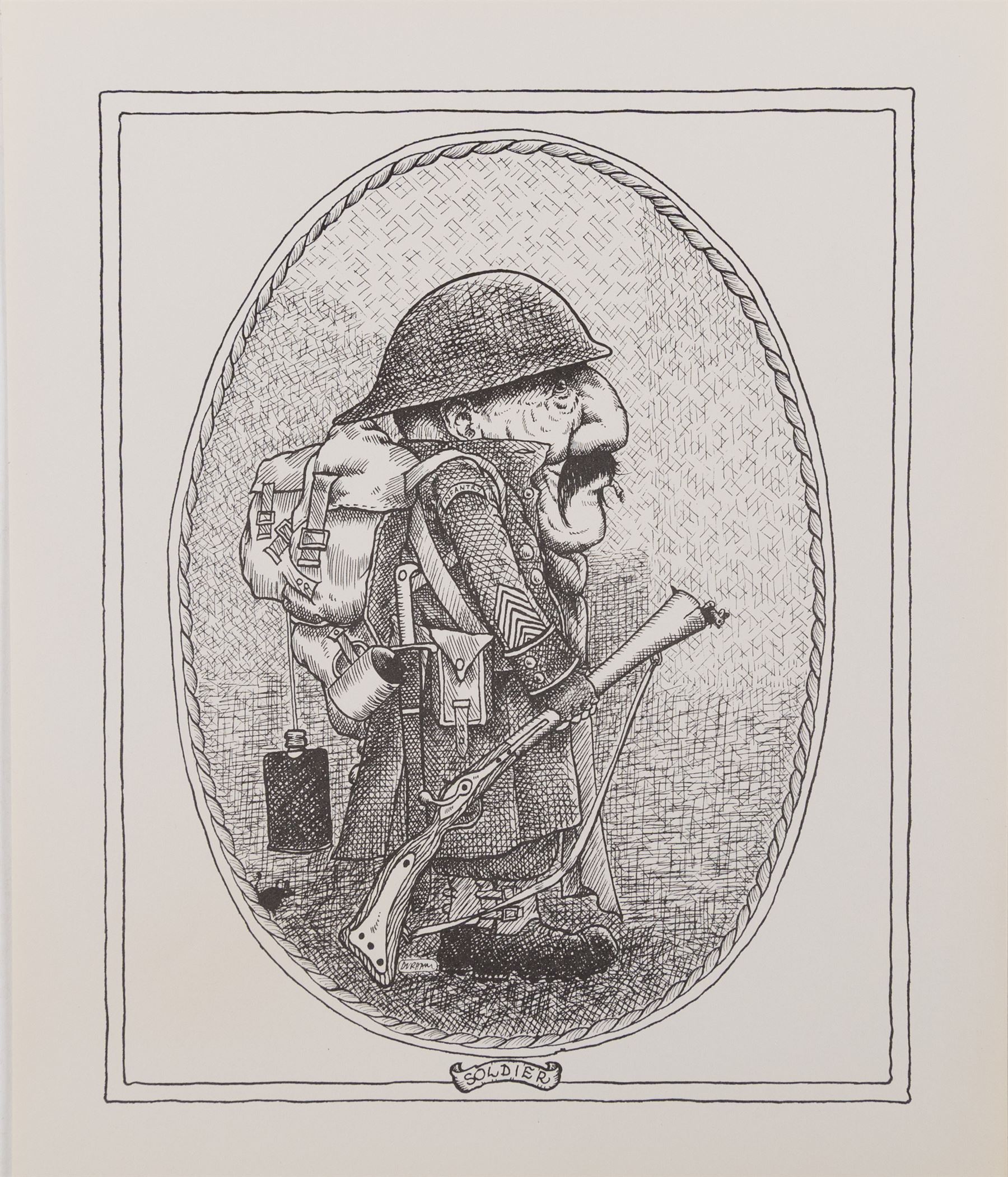 Terry Durham (British 1936-2013): 'The Marionette - He Is Free', acrylic on canvas signed titled and dated '02, Man with Pipe and Two Dogs, watercolour on canvas laid onto board signed, and 'Tinker - Tailor', collection of eight prints unsigned max 60cm x 50cm (11) (mostly unframed)