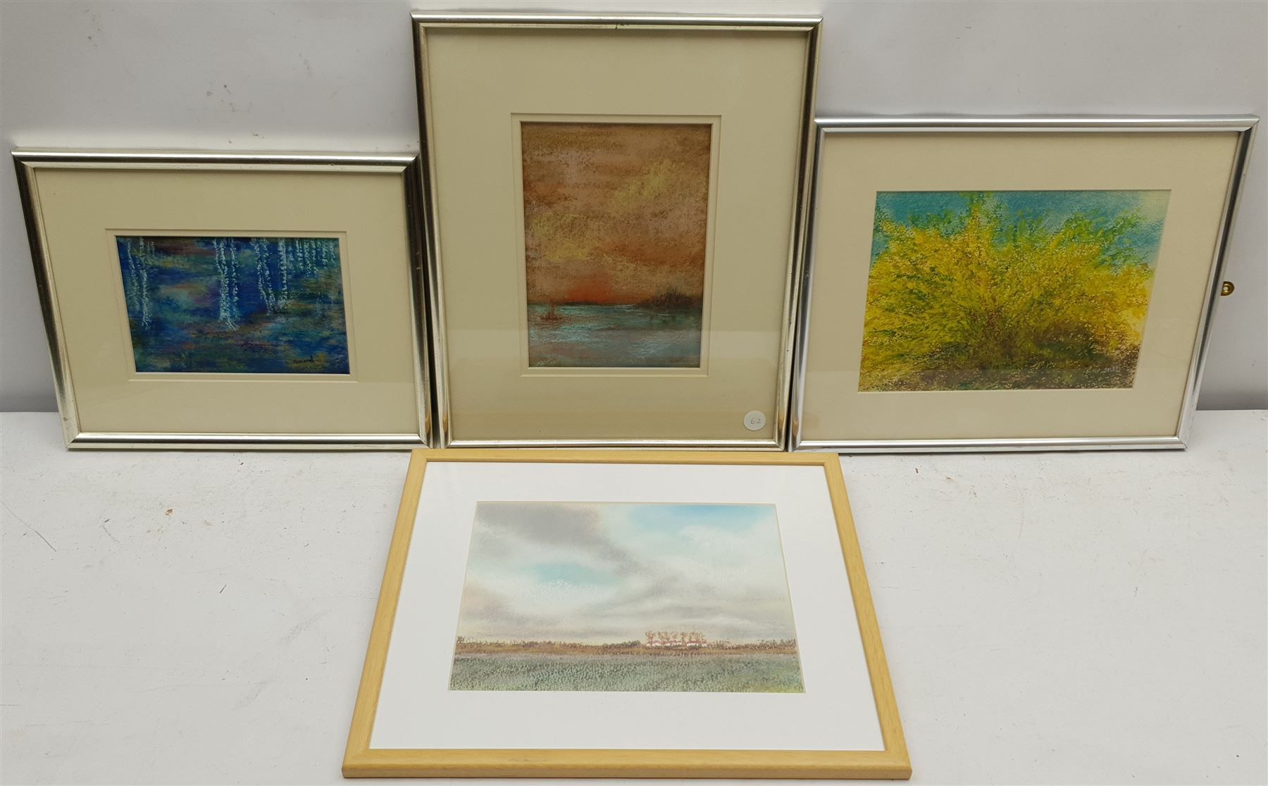 Madeleine Eyland (Belgian/British 1930-2021): Large quantity of small framed abstract pastels, watercolours and mixed media, approx 33 
Provenance: artist's studio collection. Marie-Madeleine Eyland (neé Legrain) was born in 1930 at Floriffoux, Belgium; she lived most of her life in Scarborough working as a nurse and an artist.