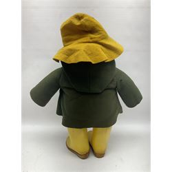 Vintage Paddington Bear teddy with yellow felt hat, green coat and yellow Dunlop boots, H48cm