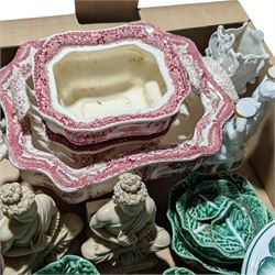 Set of six cabbage leaf  shaped covered dishes, set of four 'Elizabethan' coffee cups and saucers, Italian vase and covers, pair of classical figures, etc in two boxes
Provenance: from the Kirkham Hall estate. 