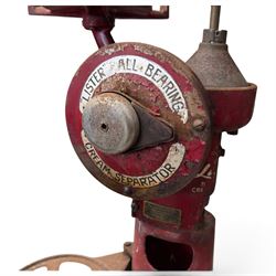 Two early 20th century dairy equipment items: Waide & Sons, Leeds – oak barrel butter churn with iron bands, later converted to electric operation, on trestle stand (W71cm H115cm); Lister – ‘Ball Bearing’ cast iron cream separator, with hopper and foot pedal, in red-painted finish (W47cm H49cm)