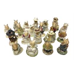 Twenty Royal Doulton Brambly Hedge figures, comprising Lord Woodmouse, Lady Woodmouse, Dusty Dogwood, Poppy Eyebright, Old Vole, Primrose Entertains, Wilfred Entertains, Clover, Mr Toadflax, Mrs Toadflax, Wilfred Toadflax, Primrose Woodmouse, Basil, Teasel, Conker, Mr Apple, Mrs Apple, Lilly Weaver, Mrs Crustybread and Old Mrs Eyebright  