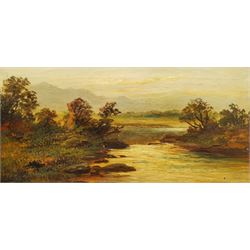 English School (19th century): River Scene at Sunset, oil on canvas indistinctly signed 19cm x 39cm