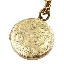 Early 20th century 9ct gold locket pendant with engraved decoration by Henry Matthews, on gold belcher link necklace, stamped 9c