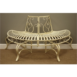 Ivory finish wrought metal demi-lune garden seat, W151cm, D75cm, H78cm
