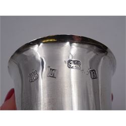 Pair of modern silver cups, each of plain tapering cylindrical form, with fluted rims and upon circular foot, engraved with monograms to body, hallmarked Barker Ellis Silver Co, Birmingham 1976, H8cm