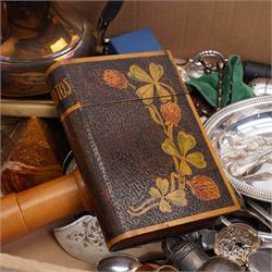 Various silver plate items, wooden kaleidoscope, Royal Scot crystal glasses, needlework, bone snuff boxes, etc