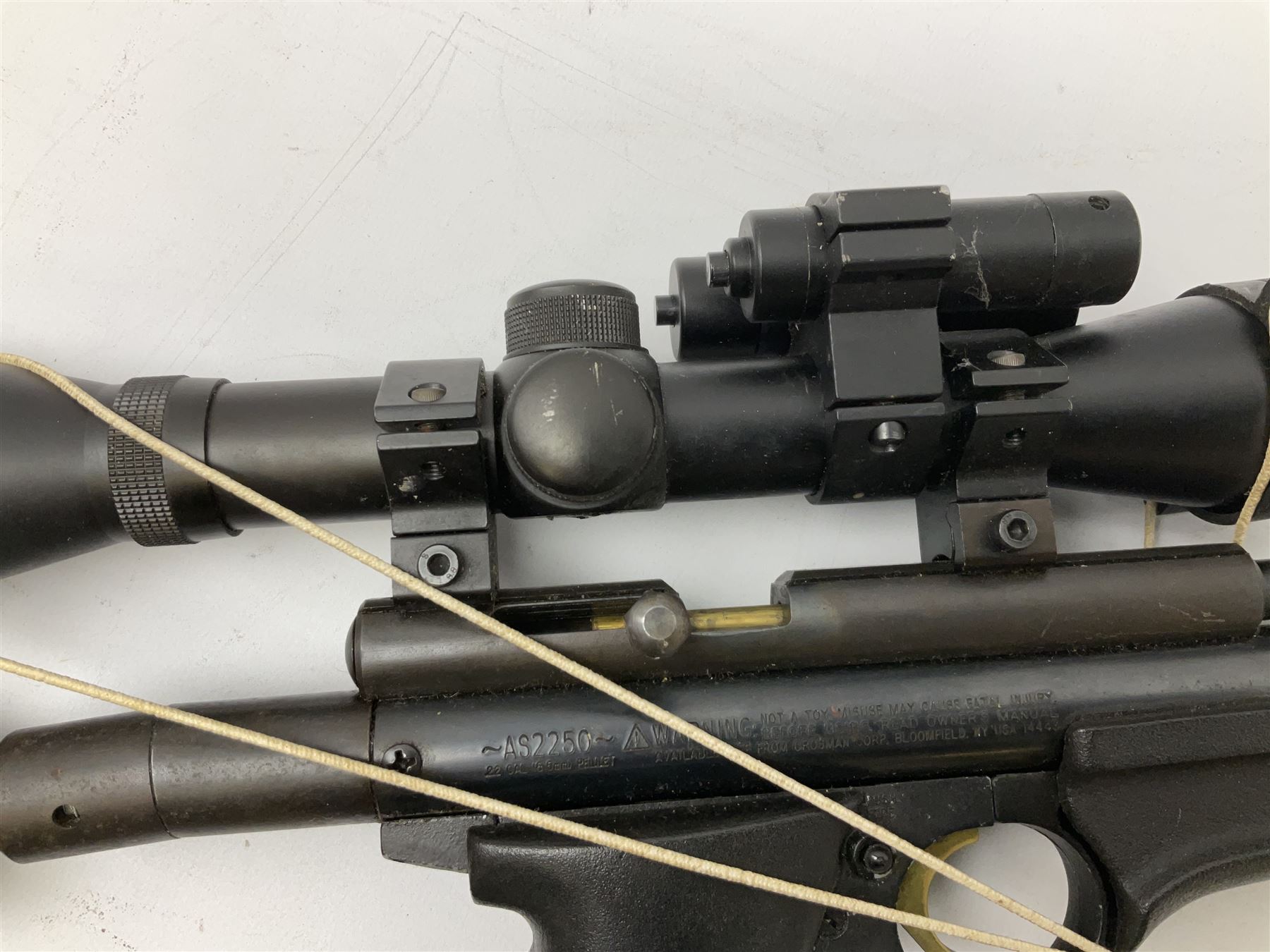 Crosman .22 air rifle with gas cylinder, model AS2250, with bolt action, skeleton stock, moderator and Hawke 4x32 telescopic sight with infra red facility, serial no.803B11493, L88.5cm