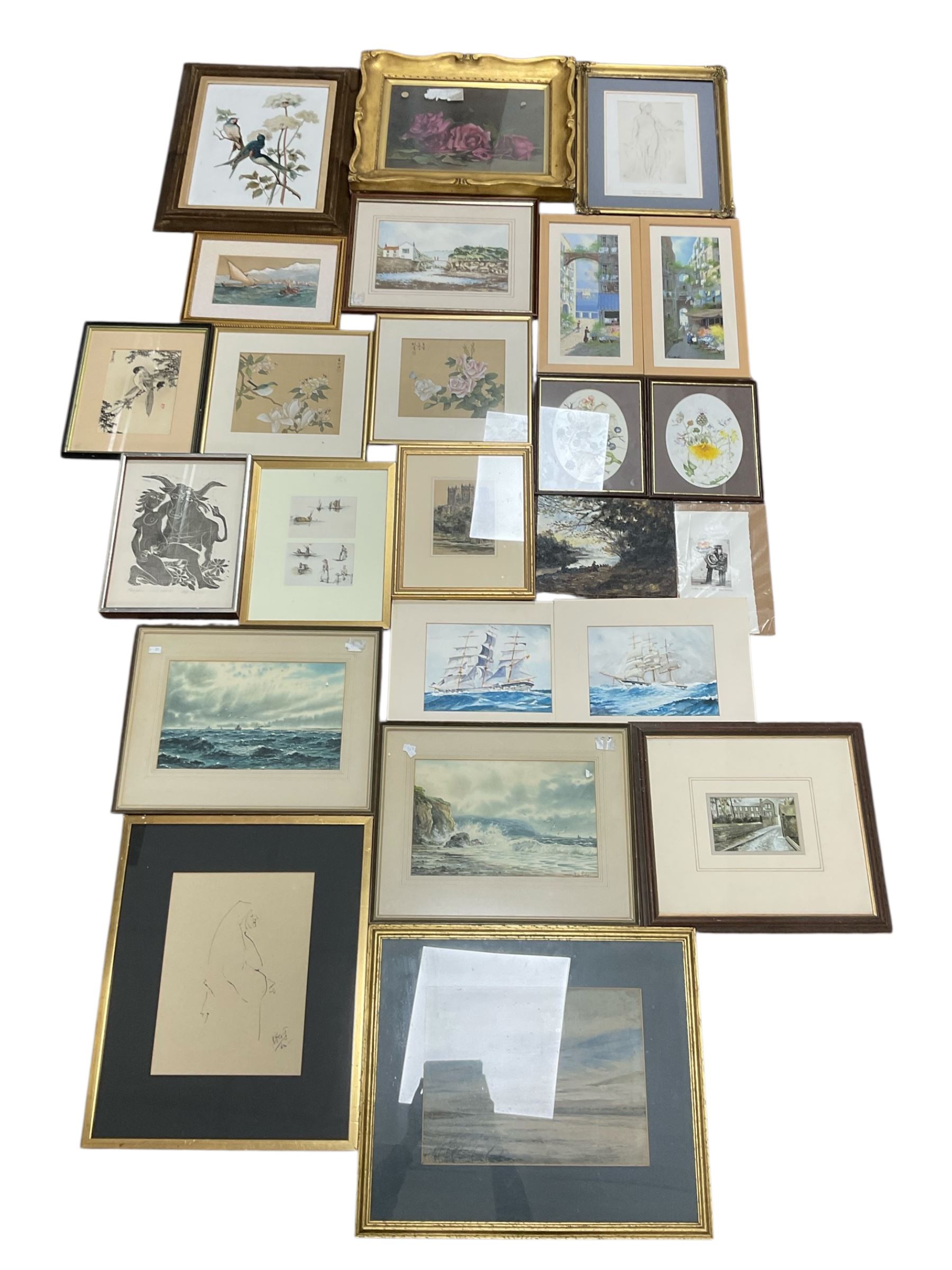 Collection of watercolours and other pictures, artists including FW Ridley (pair), AD Bell (pair unframed), James Orrock, Mel Fowler, Gianni, Michael Major (of Scalby Mills near Scarborough), still life oil in gilt frame, Whistler print, Japanese paintings on silk, etc