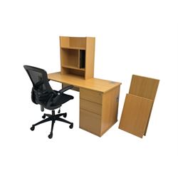 Computer desk fitted with three drawers (60cm x 140cm x 74cm), stationery cabinet and swivel office armchair 
