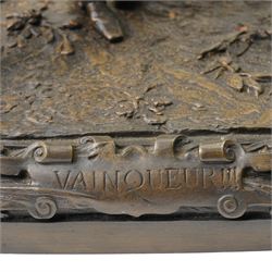 After Pierre Jules Mene (French 1810-1879): Vainqueur!!!, bronze equestrian group of a Derby jockey leading his horse on naturalistic moulded oval base, titled signed and dated 1866, H37cm W43cm